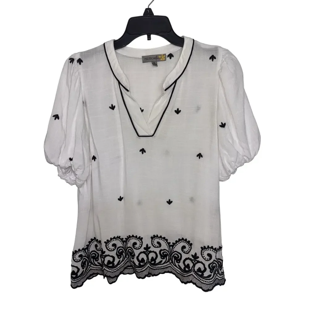 Anthropologie Fig & Flower White Black Embroidered V-Neck Blouse XL Boho